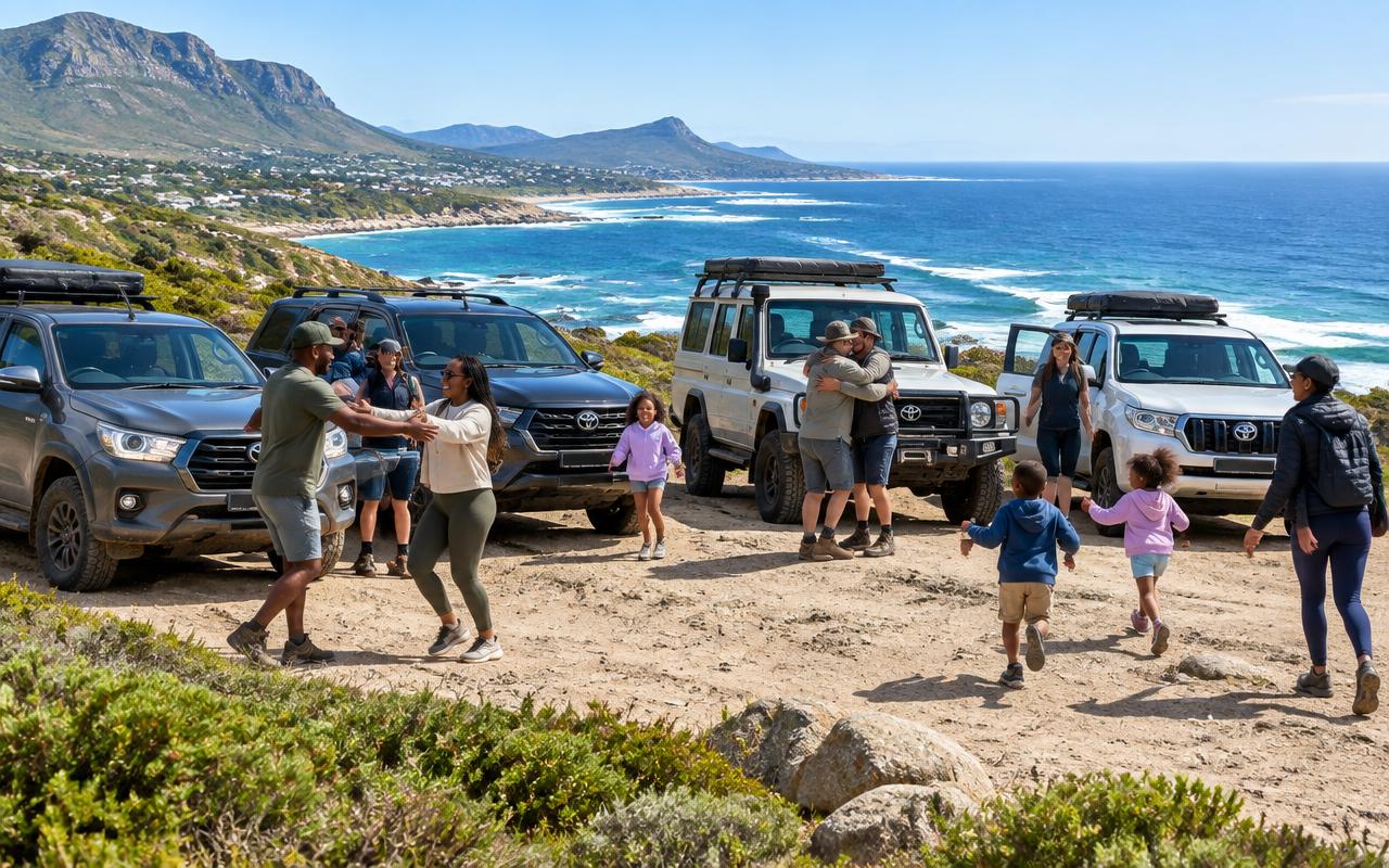 Halfway Toyota families and friends meeting at a South African coastal viewpoint