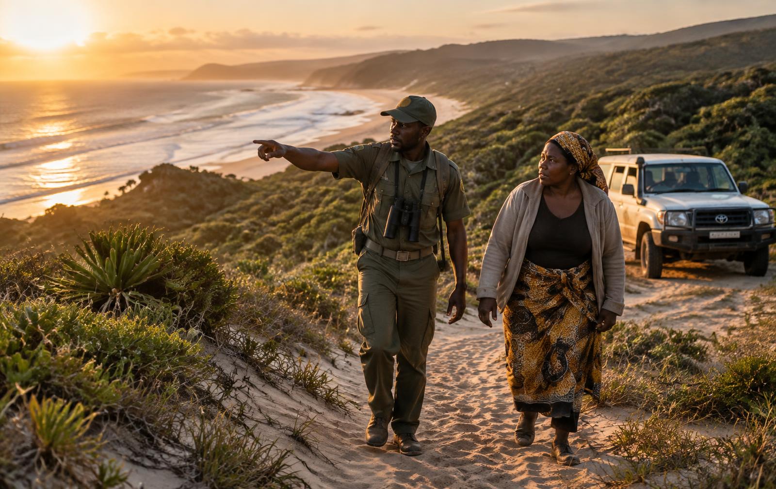 A field ranger and a community member walking a coastal dune path beside a Toyota 4x4