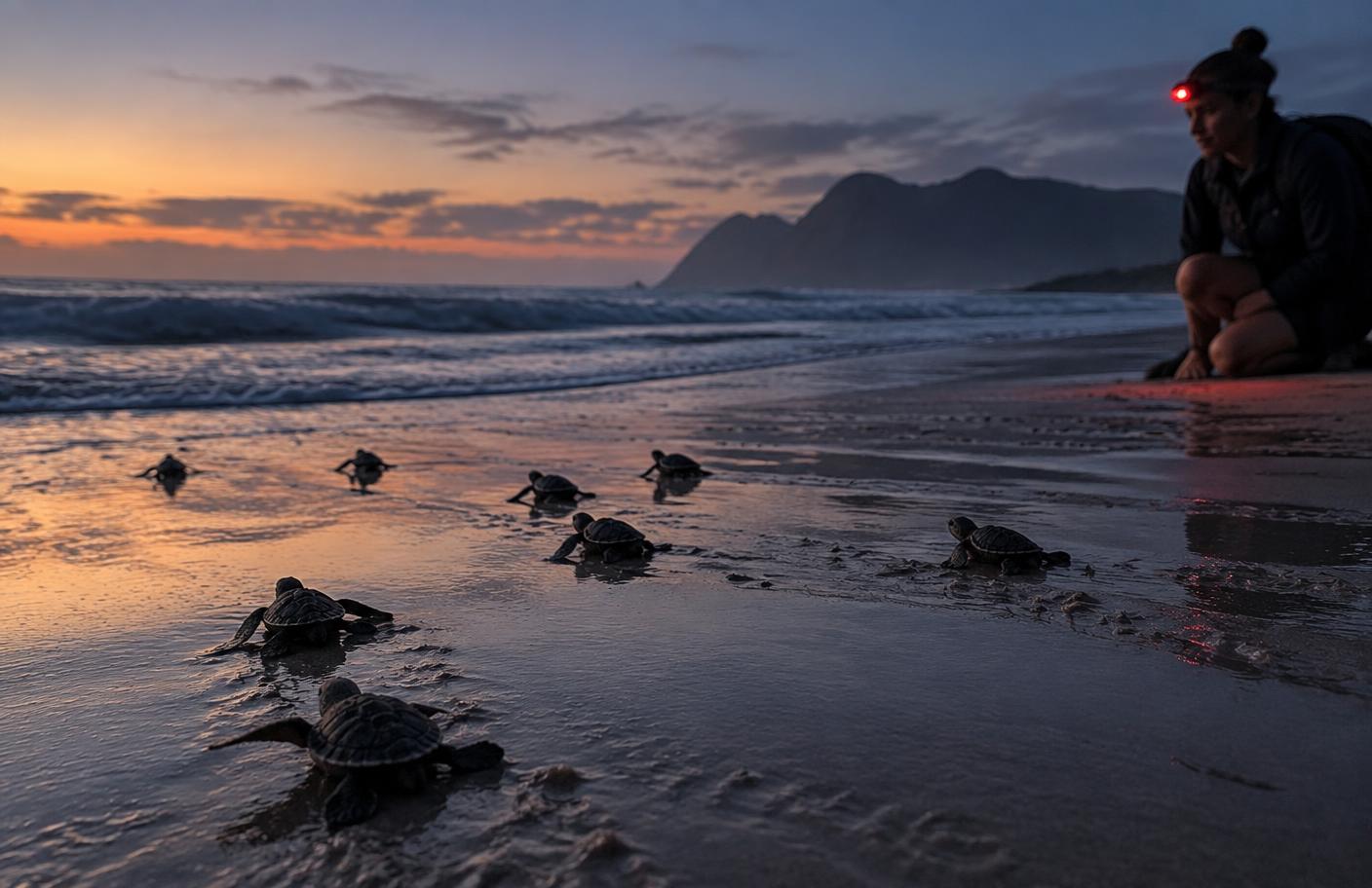 Turtle hatchlings crossing the sand at dawn while a monitor watches